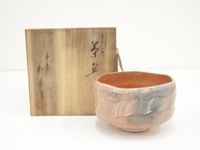 JAPANESE TEA CEREMONY / TEA BOWL CHAWAN / RED RAKU BY WARAKU KAWASAKI 